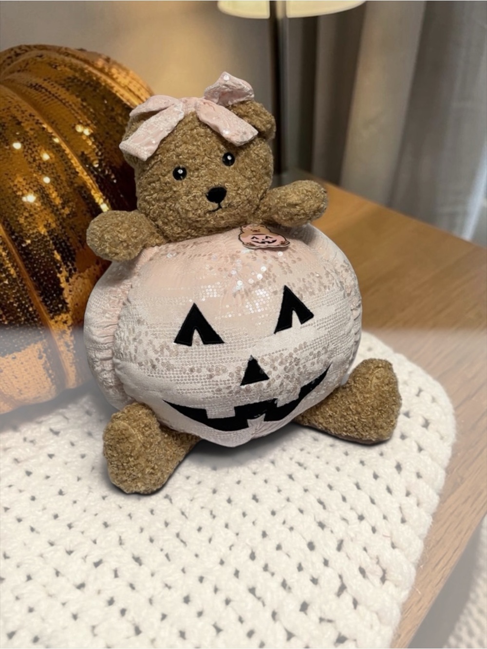 Plush Bear Pumpkin Halloween Decor - Pink & Brown